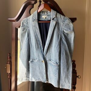 ELAN Denim Blazer Jacket Women’s size Small Puff Shoulders Feminine Edgy Chic